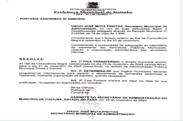 FERIADO NACIONAL DIA 20 DE NOVEMBRO (DIA DA CONSCIÊNCIA NEGRA) TERÁ EXPEDIENTE NORMAL NA PREFEITURA DE ITAITUBA (Administração Direta e Indireta).