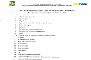 Lista de Materias Escolares Proibidos na Matrícula - PROCON Itaituba
