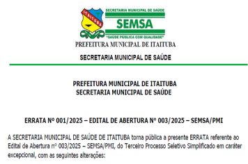 ERRATA Nº 001/2025 – EDITAL DE ABERTURA N° 003/2025 – SEMSA/PMI