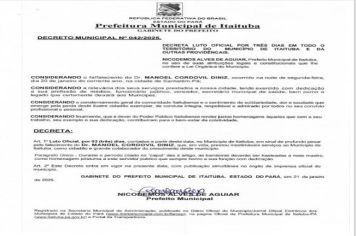PREFEITURA DE ITAITUBA DECRETA LUTO OFICIAL POR 03 (TRÊS) DIAS PELA MORTE DO MÉDICO DR. MANOEL DINIZ.
