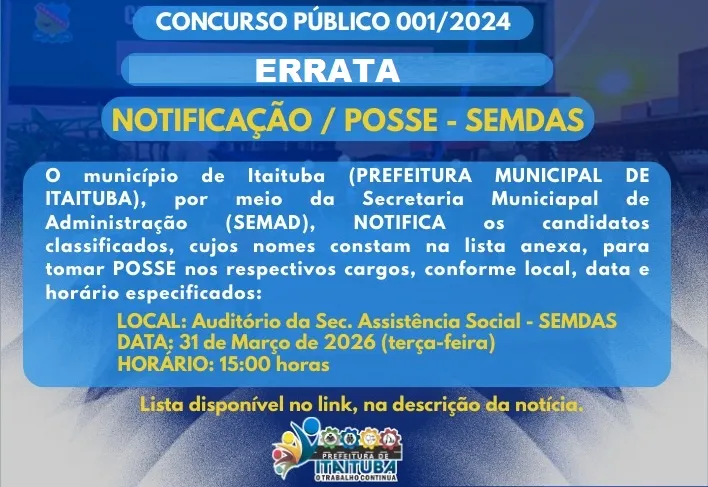 ERRATA - NOTIFICAÇÃO / POSSE / SEMDAS