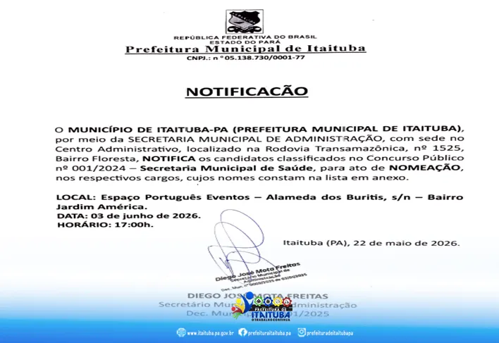 NOTIFICAÇÃO / CONCURSO PÚBLICO nº 001/2024 - SECRETARIA M DE SAÚDE (SEMSA)