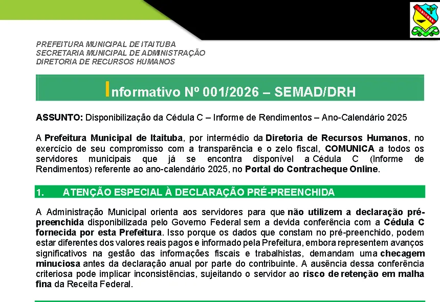 INFORMATIVO RH / SEMAD - CÉDULA 