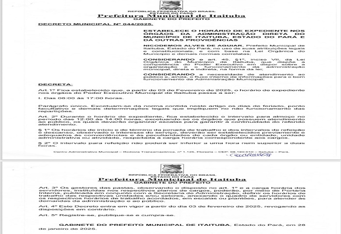 DECRETO MUNICIPAL Nº 044/2025 ESTABELECE NOVO HORÁRIO DE EXPEDIENTE DA PREFEITURA DE ITAITUBA (Centro Administrativo Municipal) NOS ÓRGÃOS DA ADM DIRETA