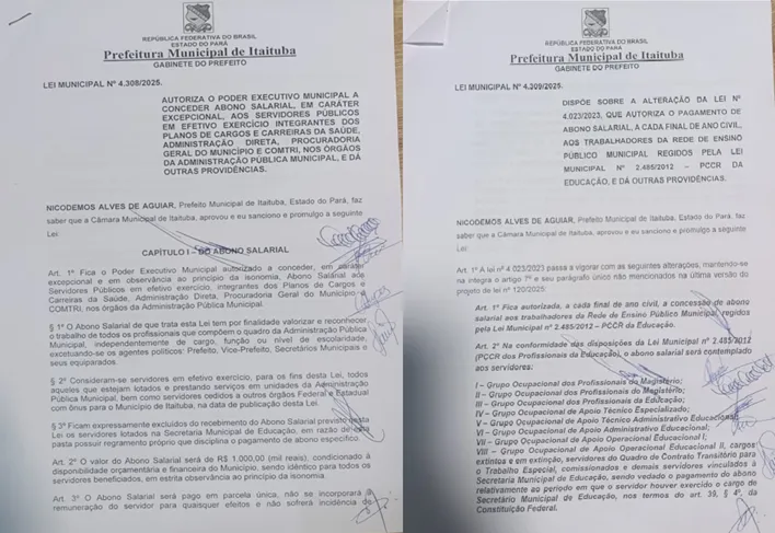 ABONO SALARIAL: PREFEITO NICODEMOS AGUIAR SANCIONOU NA TARDE DESTA SEGUNDA-FEIRA, 22, DOIS PROJETOS DE LEIS QUE AUTORIZAM PAGAMENTOS PARA OS SERVIDORES DA PREFEITURA DE ITAITUBA.