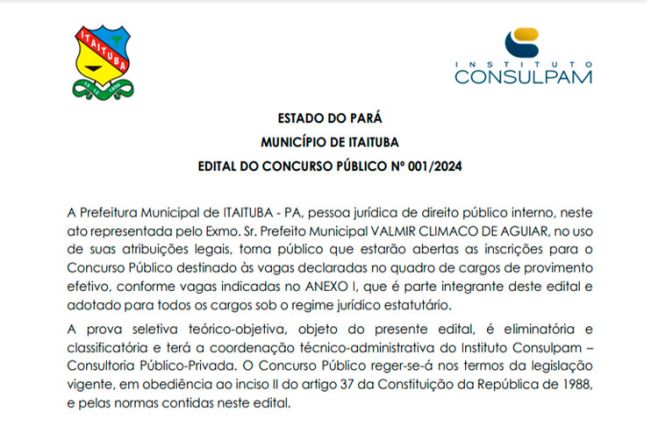 EDITAL DO CONCURSO PÚBLICO Nº 001/2024