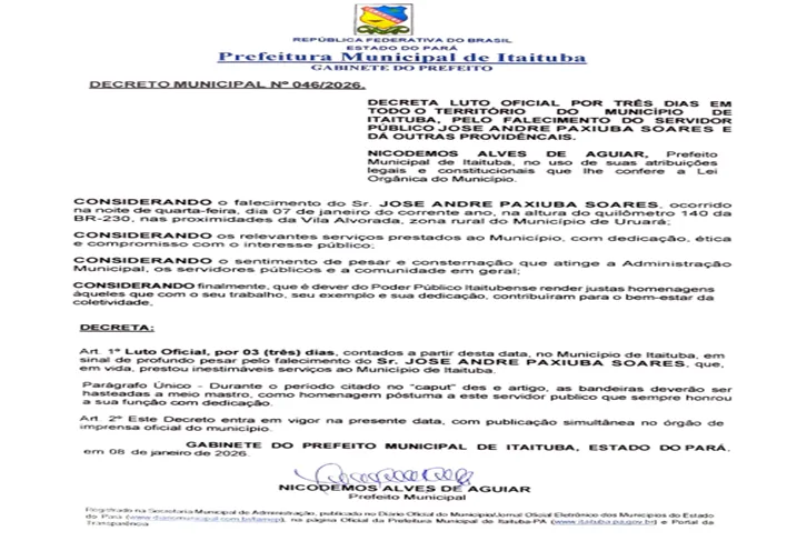 PREFEITO NICODEMOS AGUIAR DECRETA LUTO OFICIAL POR 03 (TRÊS) DIAS PELO FALECIMENTO DO SERVIDOR ANDRÉ PAXIÚBA.