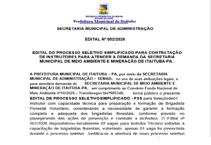 EDITAL Nº 002/2026 - INSTRUTOR SEMMA