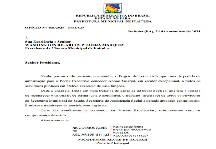 RECONHECIMENTO E VALORIZAÇÃO: Prefeitura de Itaituba encaminha Projeto de Lei que concede Abono Salarial a servidores municipais.